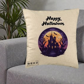 Perna Decorativa Happy Halloween Casa Bantuita Violet, 40x40 cm, Bej, Husa Detasabila, Perna Inclusa, BEKZ®