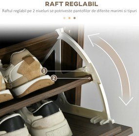 Dulap pentru Pantofi, Organizator de Pantofi cu 3 Sertare si Rafturi Reglabile pentru 18 Perechi, Utilizare in Hol, 63x24x114cm Nuc HOMCOM | Aosom RO
