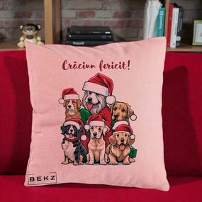 Perna Decorativa Caini cu Bonete Craciun Fericit, 40x40 cm, Roz, Husa Detasabila, Perna Inclusa, BEKZ®