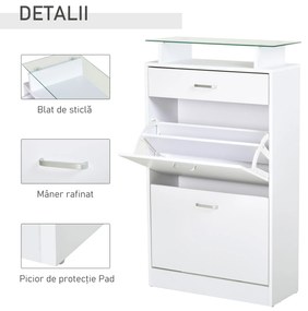 HOMCOM Dulap pentru Pantofi cu 2 Uși pe 2 Niveluri, Sertar și Raft din Sticlă, Dulap pentru Pantofi, 60x24x105,5 cm, Alb | Aosom Romania