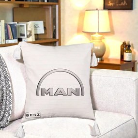 Perna Personalizata cu emblema MAN, 40x40 cm, Bej cu Franjuri, Husa Detasabila, Perna Inclusa, BEKZ®