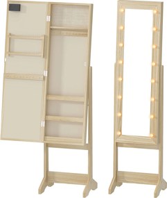 HOMCOM Oglindă Joyero cu Lumini LED Dulap pentru Bijuterii Dulap Joyero de Podea cu Oglindă Integrală Unghi Reglabil Lemn Natural | Aosom Romania