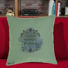 Cadou pentru Bunica - Perna Personalizata Cea Mai Minunata Bunica Flori Mov Acuarela Verde, 40x40 cm, Verde, Husa Detasabila, Perna Inclusa, BEKZ®