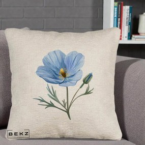 Perna Decorativa Mac Albastru Acuarela, 40x40 cm, Bej Canapea, Husa Detasabila, Perna Inclusa, BEKZ®