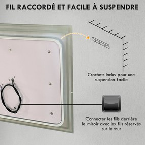 kleankin Miroir de salle de bain rectangulaire mural lumineux LED horizontal ou vertical, 100 x 60 cm | Aosom Romania