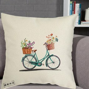 Perna Decorativa Bicicleta Florala Turcoaz Acuarela, 40x40 cm, Ecru, Husa Detasabila, Perna Inclusa, BEKZ®