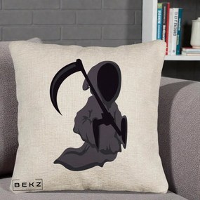Perna Decorativa Moartea cu Coasa Grim Reaper Halloween, 40x40 cm, Bej Canapea, Husa Detasabila, Perna Inclusa, BEKZ®