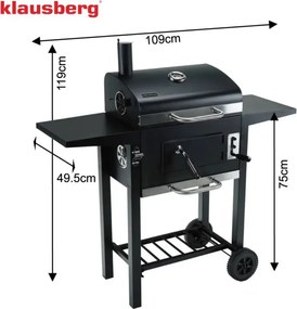 Gratar pe carbuni Klausberg KB 9034, Cos de fum, Ventilatie reglabila, Sertar pentru cenusa, Termometru, Roti, Otel, Negru