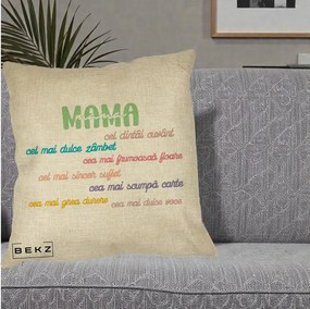Cadou pentru Mama - Perna Personalizata Mama Cel Dintai Cuvant cu Text Colorat Multicolor, 40x40 cm, Crem, Husa Detasabila, Perna Inclusa, BEKZ®