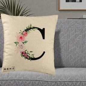 Cadou Personalizat - Perna Personalizata Monograma Florala Litera C, 40x40 cm, Bej, Husa Detasabila, Perna Inclusa, BEKZ®