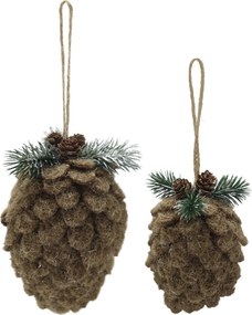 Set 2 ornamente decorative din velur textil maro, cu conuri de brad, 15x8 cm, „Pomme de Pin"