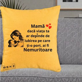 Cadou pentru Mama - Perna Personalizata Mama Nemuritoare Aproape de Bebe, 40x40 cm, Galben, Husa Detasabila, Perna Inclusa, BEKZ®