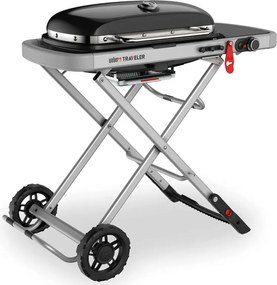 Gratar portabil pe gaz Weber Traveler WB 9010075, 3.5 kW, 63.5x34.3 cm, Grill emailat, Arzator otel inoxidabil, 2 roti, Negru/Argintiu