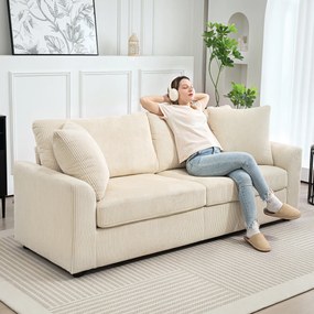 HOMCOM Canapea 3 Locuri din Catifea Reiată cu 2 Perne, 212x80x88 cm, Crem | Aosom Romania