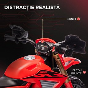 AIYAPLAY Motocicletă Electrică pentru Copii 3-8 Ani, 2 Motoare 12V, Roți Ajutătoare și Claxon, 3 Km/h, 30 Kg, Roșu | Aosom Romania