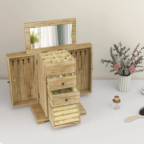HOMCOM Cutie pentru bijuterii femei pe 4 nivele, cofret pentru bijuterii cu aripi, oglindă și 2 sertare, 26,5 x 16 x 33,5 cm, maro | Aosom Romania