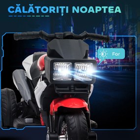 Motocicleta Electrica pentru Copii 3-5 Ani (max. 25kg) cu 3 Roti, Lumini si Sunete, Bateria 6V, Rosu, 86x42x52cm HOMCOM | Aosom Romania