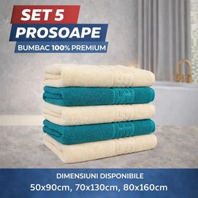Set 5 Prosoape Baie 550g/m² Premium, 100% Bumbac, Absorbante și Pufoase