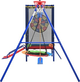 5-în-1 loc de joacă exterior pentru copii, trambulină cu plasă de siguranță și fermoar, pentru copii 3–8 ani, 336x217x198 cm, Multicolor