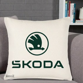 Perna Personalizata cu emblema Skoda, 40x40 cm, Crem Reliefat, Husa Detasabila, Perna Inclusa, BEKZ®