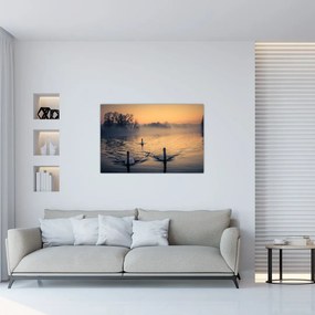 Tablou cu lebăde pe apă în ceață (90x60 cm)