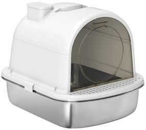 PawHut Arenero pentru Pisici din Oțel Inoxidabil cu Acoperitor Sac Deodorizant Lopată Ușor de Curățat 52,4x41,3x39,9 cm Alb | Aosom Romania