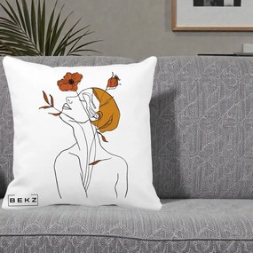 Perna Decorativa Portret Feminin Mac Privire Inalta, 40x40 cm, Alba Mata, Husa Detasabila, Perna Inclusa, BEKZ®