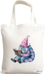Sacosa de Panza pentru Cumparaturi, Geanta Tote, model The Bookish Gnome 3 38 x 34.5 cm, Alba, BEKZ®