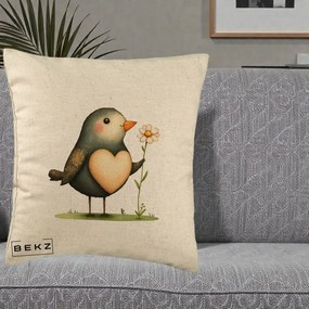 Perna Decorativa Pasare cu Inima si Margareta, 40x40 cm, Bej, Husa Detasabila, Perna Inclusa, BEKZ®