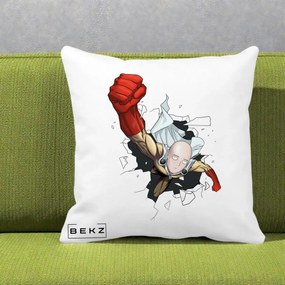 Perna Personalizata One Punch Man Saitama Pumn, 40x40 cm, Alba Mata, Husa Detasabila, Perna Inclusa, BEKZ®
