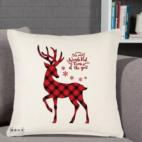 Perna Decorativa Ren Buffalo Plaid Craciun, 40x40 cm, Crem Reliefat, Husa Detasabila, Perna Inclusa, BEKZ®