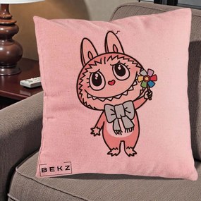 Perna Personalizata Labubu Roz cu Morisca, 40x40 cm, Roz, Husa Detasabila, Perna Inclusa, BEKZ®
