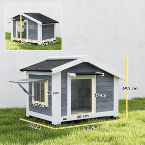 PawHut Căsuță pentru câini rezistentă la intemperii din lemn cu podea detașabilă, acoperiș din asfalt, fereastră rabatabilă 98x76x69,5 cm gri | Aosom Romania