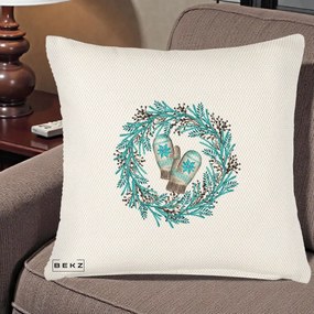 Perna Decorativa Coroana Turcoaz cu Manusi, 40x40 cm, Crem Reliefat, Husa Detasabila, Perna Inclusa, BEKZ®