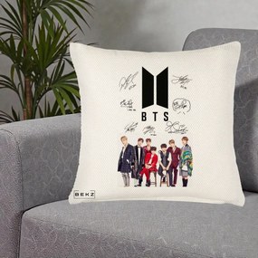 Perna Personalizata K-pop BTS Semnaturi Foto, 40x40 cm, Crem Reliefat, Husa Detasabila, Perna Inclusa, BEKZ®
