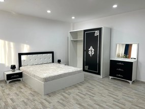 Dormitor Milano, culoare alb / negru, cu pat tapitat 160 x 200 cm, dulap cu 2 usi, comoda cu oglinda, 2 noptiere