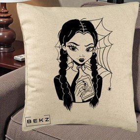 Perna Personalizata Wednesday cu Panza de Paianjen, 40x40 cm, Bej, Husa Detasabila, Perna Inclusa, BEKZ®