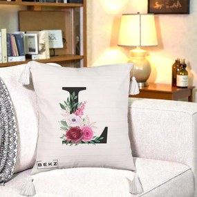 Cadou Personalizat - Perna Personalizata Monograma Florala Litera L, 40x40 cm, Bej cu Franjuri, Husa Detasabila, Perna Inclusa, BEKZ®