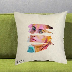 Perna Decorativa Portret Femeie Fragmentat Colorat, 40x40 cm, Ecru, Husa Detasabila, Perna Inclusa, BEKZ®