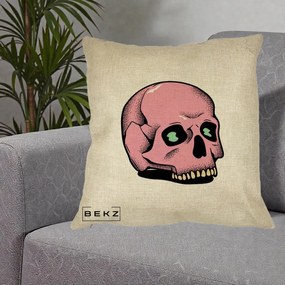 Perna Decorativa Craniu Roz Tatoo Art Halloween, 40x40 cm, Crem, Husa Detasabila, Perna Inclusa, BEKZ®