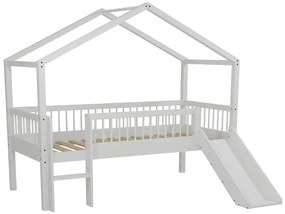 Pat Casă Înălțat Forrest Beech 90x200 cm, pentru Camera Copii, din Lemn de Fag Lăcuit Alb, cu Tobogan și Set Textil – Vipack