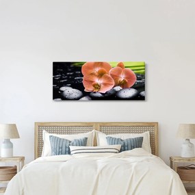 Tablou - Orhidee portocalie cu frunze de palmier (120x50 cm)