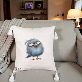 Perna Decorativa Pui Pufos Albastru Adormit, 40x40 cm, Bej cu Franjuri, Husa Detasabila, Perna Inclusa, BEKZ®