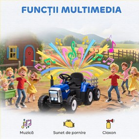 HOMCOM Tractor Electric pentru Copii cu Remorcă Detașabilă, Telecomandă, Port USB, Muzică și Lumini, 3-6 Ani, Albastru | Aosom Romania