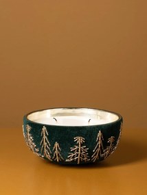 Lumânare decorativă din sticlă și catifea verde închis, brodată cu brazi aurii din mărgele, finisaj catifelat, 7 x 15 cm, „Sapinière”