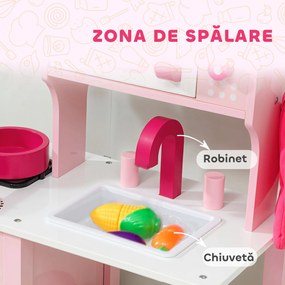 AIYAPLAY Bucătărie de Jucărie pentru Copii 3+ Ani cu Microonde, Plită și Chiuvetă, din Lemn, 55x24x86 cm, Roz | Aosom Romania