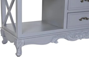 Comodă din lemn de paulownia, gri, cu 4 sertare, rafturi deschise și decor sculptat, finisaj mat, 84,5 x 132 x 40 cm, „Auria”