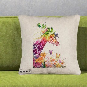 Perna Decorativa Girafa Curcubeu Acuarela, 40x40 cm, Bej Canapea, Husa Detasabila, Perna Inclusa, BEKZ®
