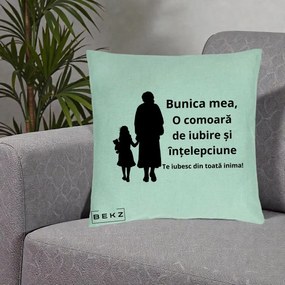 Cadou pentru Bunica - Perna Personalizata Bunica Mea Comoara Iubire Intelepciune Silueta, 40x40 cm, Verde Menta, Husa Detasabila, Perna Inclusa, BEKZ®