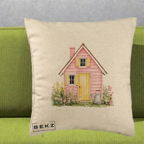 Perna Decorativa Casuta Roz Acuarela cu Gradina, 40x40 cm, Bej, Husa Detasabila, Perna Inclusa, BEKZ®